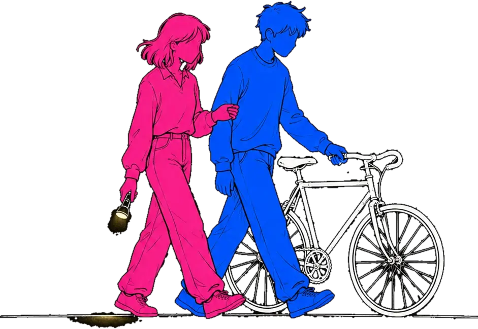 Une femme rose accompagne un homme bleu qui avance avec un vélo